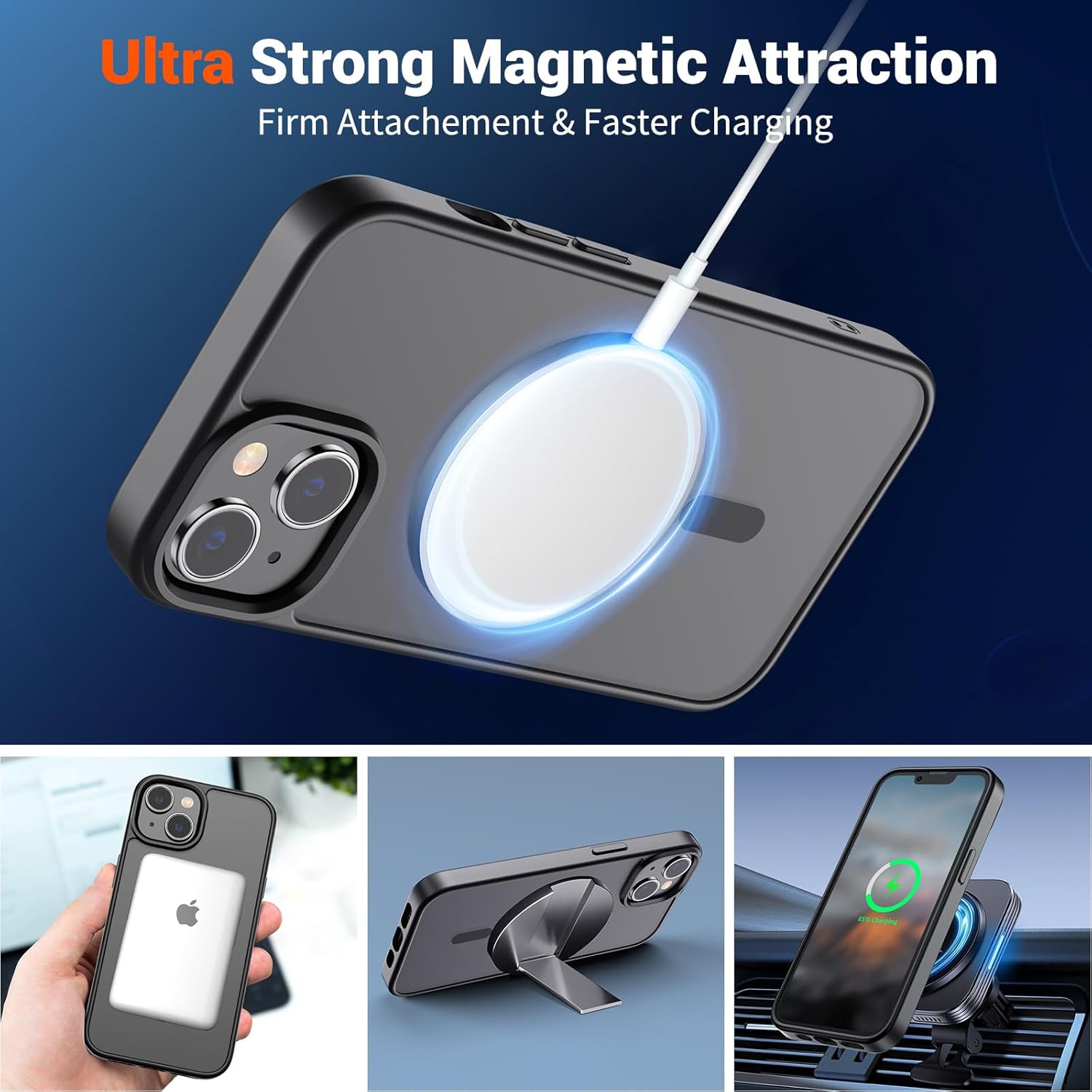 SUPFINE Magnetic for iPhone 14 Case & iPhone 13 Case (Compatible with MagSafe)(Military Grade Drop Protection) Translucent Matte Shockproof Phone Cover, Black